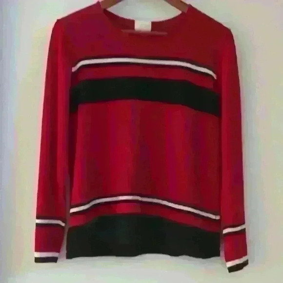 🌴2/$25🌴CLEO | Red/Black/White Striped Stretchy  Crewneck Long Sleeve Sweater - Picture 1 of 3